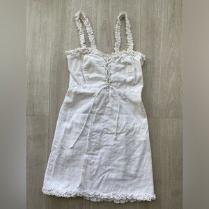 Y2K Urban Outfitters White Lace Up Mini Dress Size XS Ruffle Trim Cottagecore